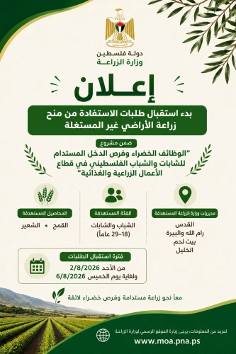 دعوة لتقديم طلبات للحصول على منح لزراعة الاراضي غير المستغلة  ضمن مشروع " الوظائف الخضراء وفرص الدخل المستدام للشابات والشباب الفلسطيني في قطاع الاعمال الزراعية والغذائية"